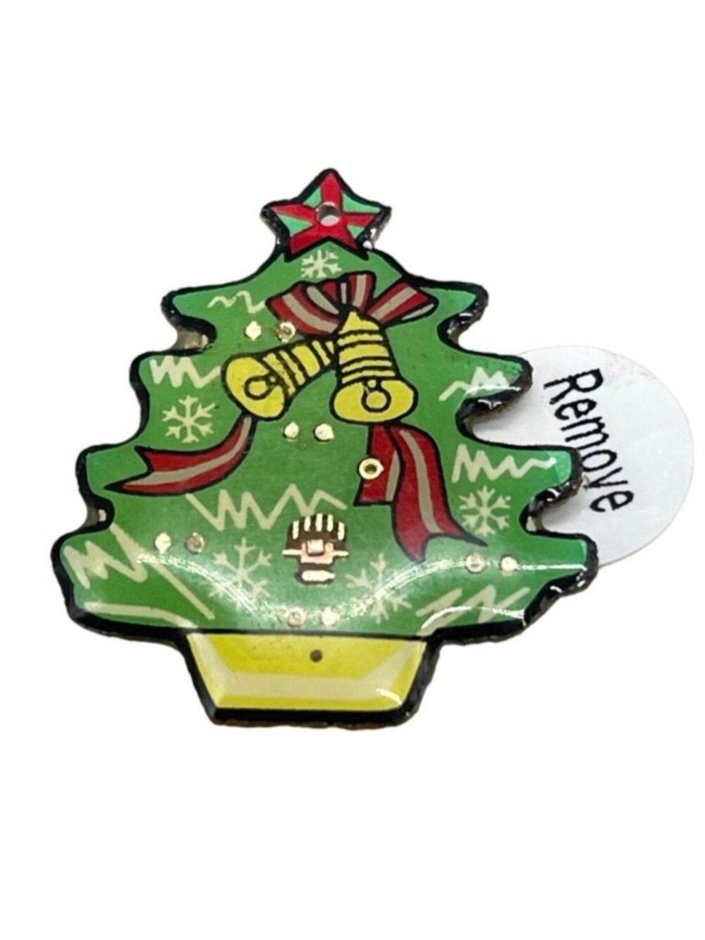 Christmas tree holiday bells ribbon star green red light up pin brooch 1" NEW